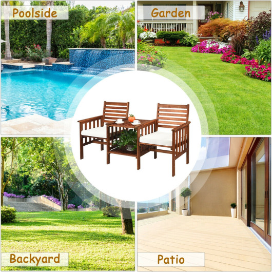 3 pcs Outdoor Patio Table Chairs Set Acacia Wood Loveseat-White - Image 5