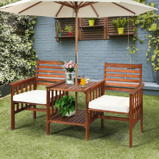 3 pcs Outdoor Patio Table Chairs Set Acacia Wood Loveseat-White - Image 6