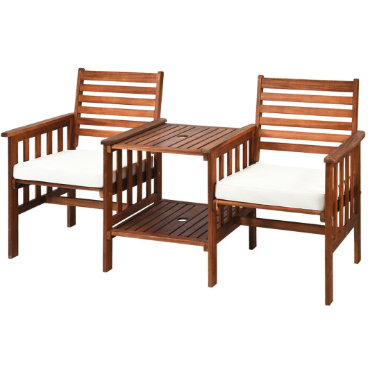3 pcs Outdoor Patio Table Chairs Set Acacia Wood Loveseat-White - Image 3
