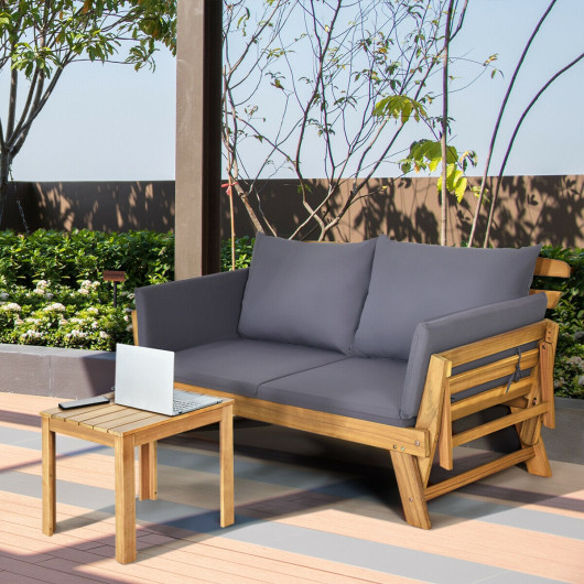 Patio Convertible Solid Wood Sofa with Cushion - Image 3