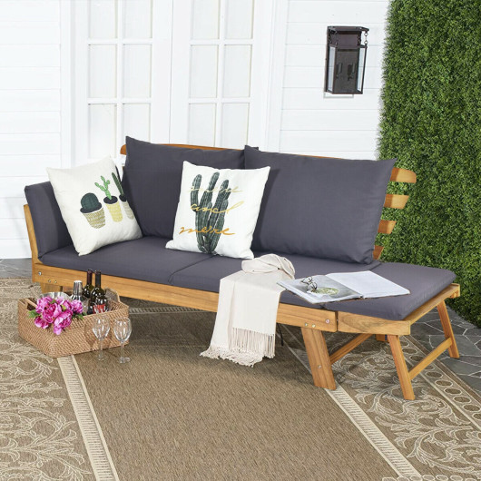 Patio Convertible Solid Wood Sofa with Cushion - Image 5