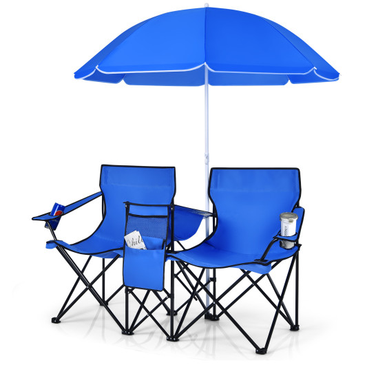 Portable Folding Picnic Double Chair with Umbrella-Blue - Image 2