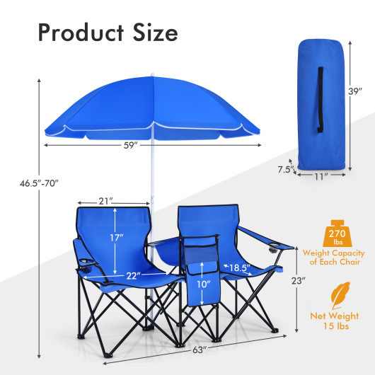 Portable Folding Picnic Double Chair with Umbrella-Blue - Image 3