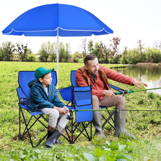 Portable Folding Picnic Double Chair with Umbrella-Blue - Image 4