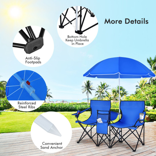 Portable Folding Picnic Double Chair with Umbrella-Blue - Image 6