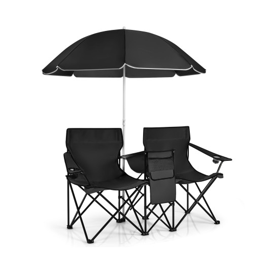 Portable Folding Picnic Double Chair With Umbrella-Black - Image 2