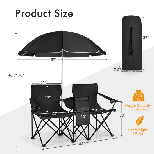 Portable Folding Picnic Double Chair With Umbrella-Black - Image 3