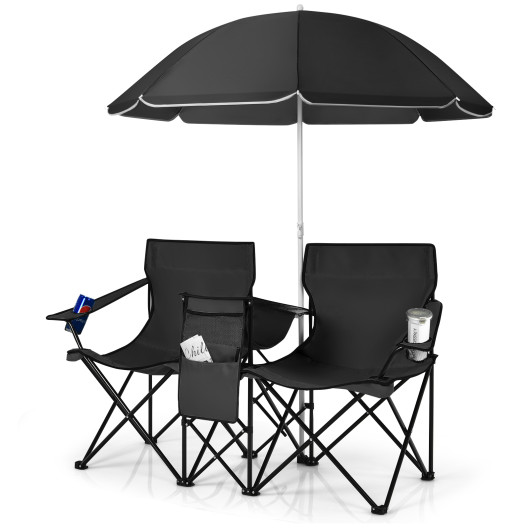 Portable Folding Picnic Double Chair With Umbrella-Black - Image 4