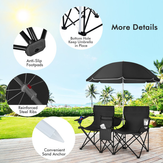 Portable Folding Picnic Double Chair With Umbrella-Black - Image 5