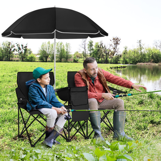 Portable Folding Picnic Double Chair With Umbrella-Black - Image 6