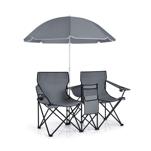 Portable Folding Picnic Double Chair With Umbrella-Gray - Image 2