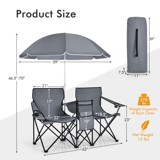 Portable Folding Picnic Double Chair With Umbrella-Gray - Image 3