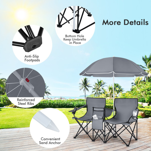 Portable Folding Picnic Double Chair With Umbrella-Gray - Image 4