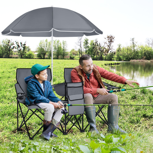 Portable Folding Picnic Double Chair With Umbrella-Gray - Image 5