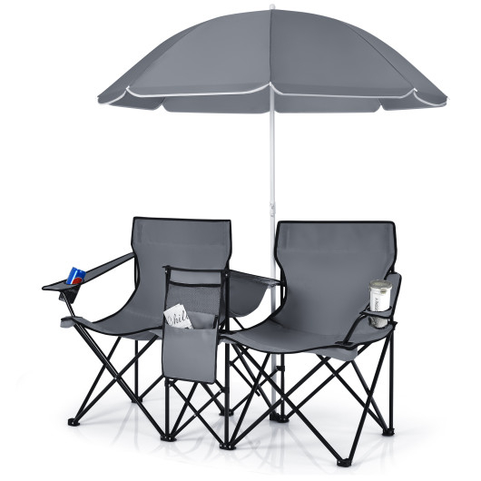 Portable Folding Picnic Double Chair With Umbrella-Gray - Image 6