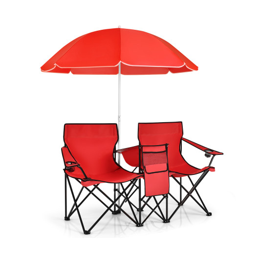 Portable Folding Picnic Double Chair With Umbrella-Red - Image 2