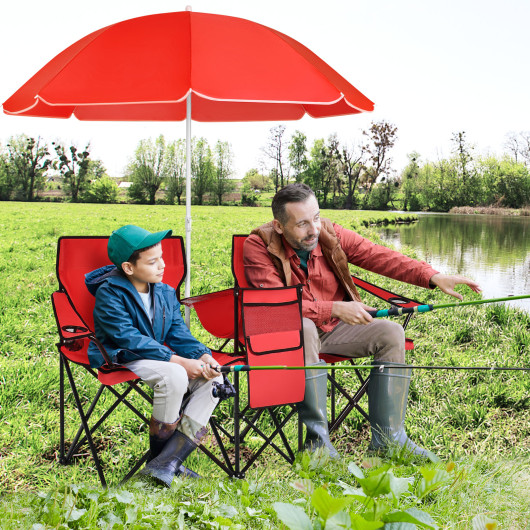 Portable Folding Picnic Double Chair With Umbrella-Red - Image 3