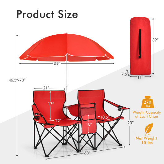 Portable Folding Picnic Double Chair With Umbrella-Red - Image 4