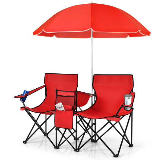 Portable Folding Picnic Double Chair With Umbrella-Red - Image 5