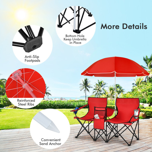 Portable Folding Picnic Double Chair With Umbrella-Red - Image 6