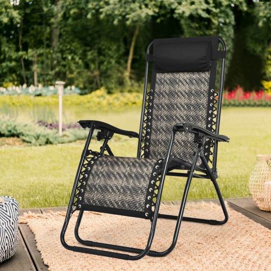 Folding Rattan Zero Gravity Lounge Chair with Removable Head Pillow-Gray - Image 2