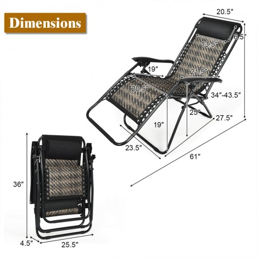 2 Pieces Folding Patio Rattan Zero Gravity Lounge Chair-Gray - Image 3