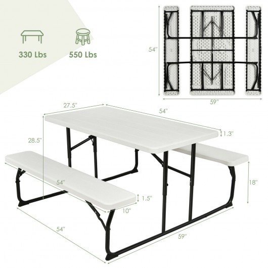 Indoor and Outdoor Folding Picnic Table Bench Set with Wood-like Texture-White - Image 4
