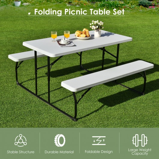 Indoor and Outdoor Folding Picnic Table Bench Set with Wood-like Texture-White - Image 3