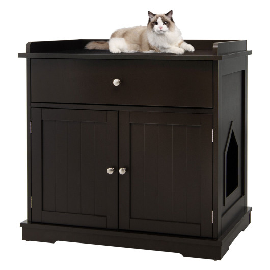 Wooden Cat Litter Box Enclosure with Drawer Side Table Furniture-Brown - Image 2