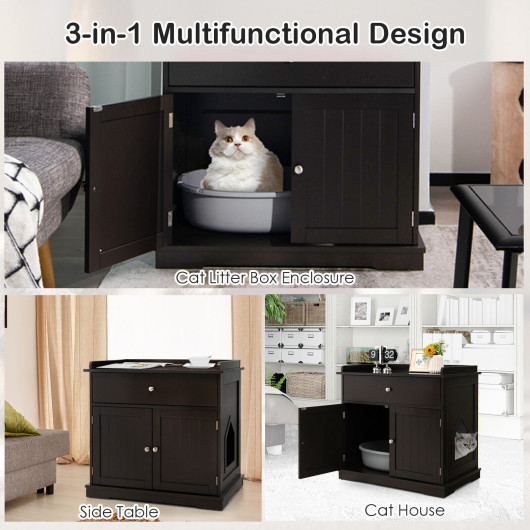 Wooden Cat Litter Box Enclosure with Drawer Side Table Furniture-Brown - Image 6