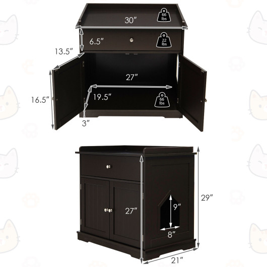 Wooden Cat Litter Box Enclosure with Drawer Side Table Furniture-Brown - Image 5