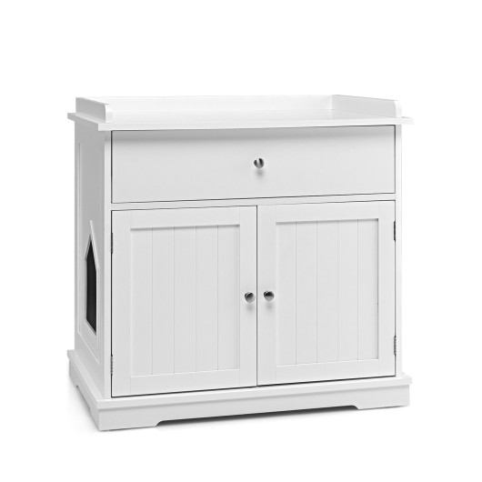 Wooden Cat Litter Box Enclosure with Drawer Side Table Furniture-White - Image 4