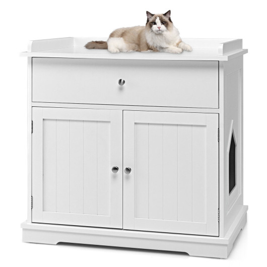Wooden Cat Litter Box Enclosure with Drawer Side Table Furniture-White - Image 2