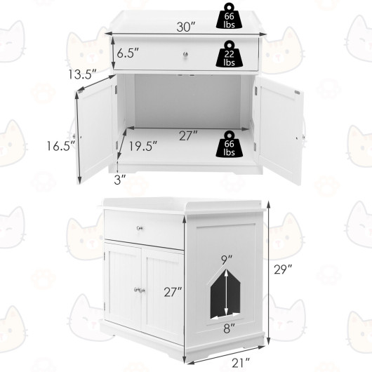 Wooden Cat Litter Box Enclosure with Drawer Side Table Furniture-White - Image 3