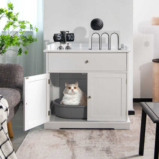 Wooden Cat Litter Box Enclosure with Drawer Side Table Furniture-White - Image 5
