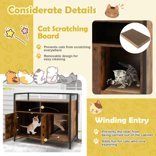 Hidden Cat Washroom with Double Doors and Scratch Cardboard-Coffee - Image 3
