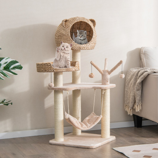 Multi-Level Cat Tree with Condo Hammock and Rotatable Hanging Balls-Natural - Image 2