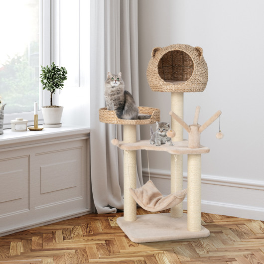 Multi-Level Cat Tree with Condo Hammock and Rotatable Hanging Balls-Natural - Image 6