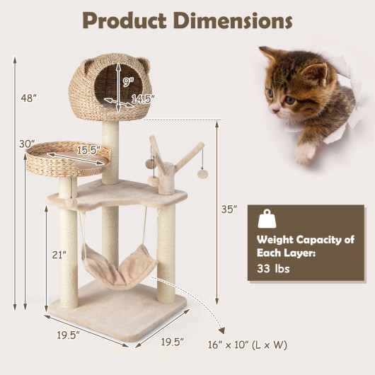 Multi-Level Cat Tree with Condo Hammock and Rotatable Hanging Balls-Natural - Image 4
