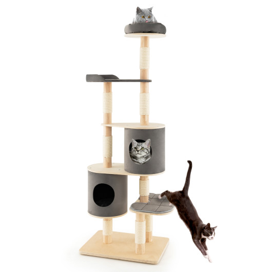 6-Tier Wooden Cat Tree with 2 Removeable Condos Platforms and Perch-Gray - Image 5