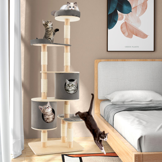 6-Tier Wooden Cat Tree with 2 Removeable Condos Platforms and Perch-Gray - Image 2
