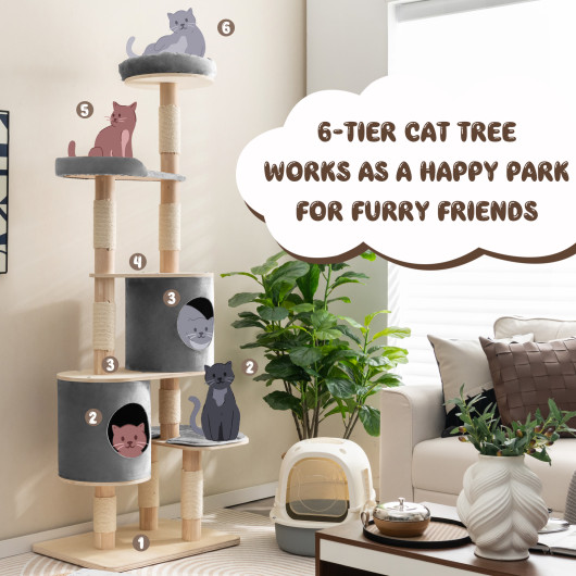 6-Tier Wooden Cat Tree with 2 Removeable Condos Platforms and Perch-Gray - Image 3