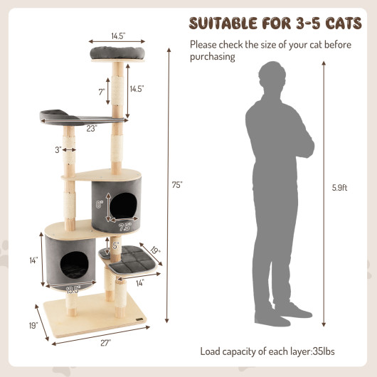 6-Tier Wooden Cat Tree with 2 Removeable Condos Platforms and Perch-Gray - Image 4