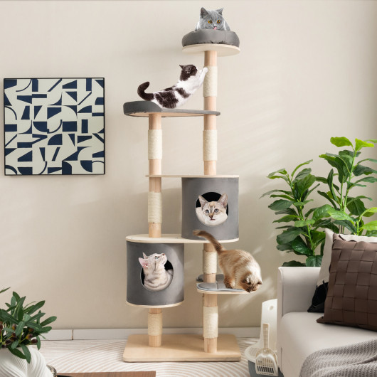 6-Tier Wooden Cat Tree with 2 Removeable Condos Platforms and Perch-Gray - Image 6