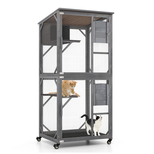 72 Inch TallWooden Cat House with Weatherproof Asphalt Roof-Gray - Image 2