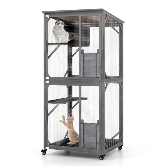 72 Inch TallWooden Cat House with Weatherproof Asphalt Roof-Gray - Image 3