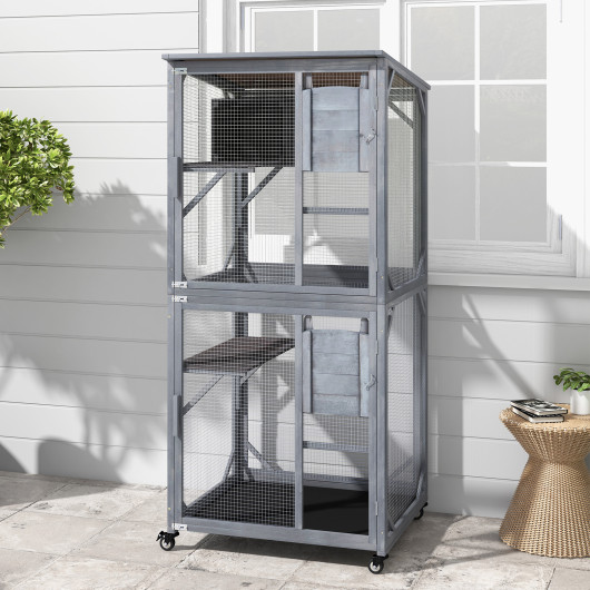 72 Inch TallWooden Cat House with Weatherproof Asphalt Roof-Gray - Image 5