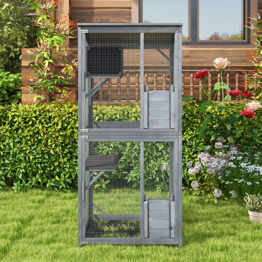 72 Inch TallWooden Cat House with Weatherproof Asphalt Roof-Gray - Image 6