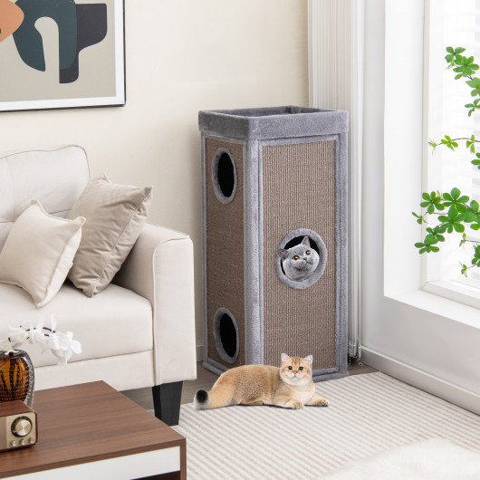 39" Tall Cat Condo with Scratching Posts and 3 Hideaways and 4 Soft Plush Cushions-Gray - Image 3