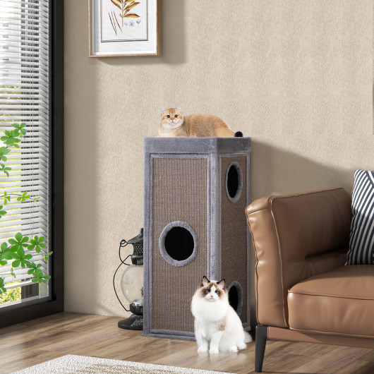 39" Tall Cat Condo with Scratching Posts and 3 Hideaways and 4 Soft Plush Cushions-Gray - Image 5